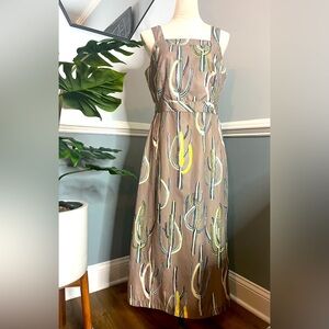 Broken Industries designer dress. Size Medium. Tan with pastel cactus pattern.
